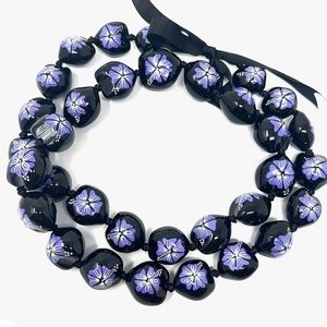 ✅ 5 for $25 - New Kukui Nut Hawaiian Necklace, Purple Flower Motif 32”